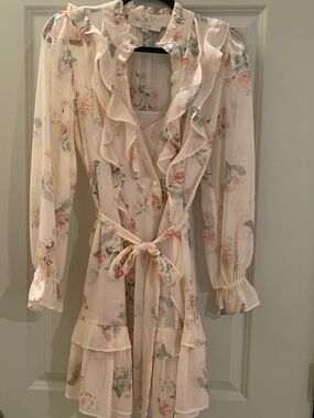LOFT Cream Floral Ruffle Tie-Waist Long Sleeve Dress